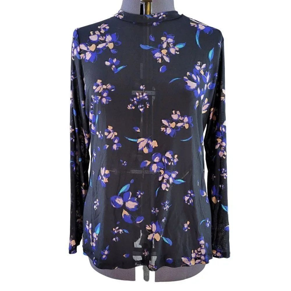 Ava & Viv Black Floral Long Sleeve Mesh Top Sz X